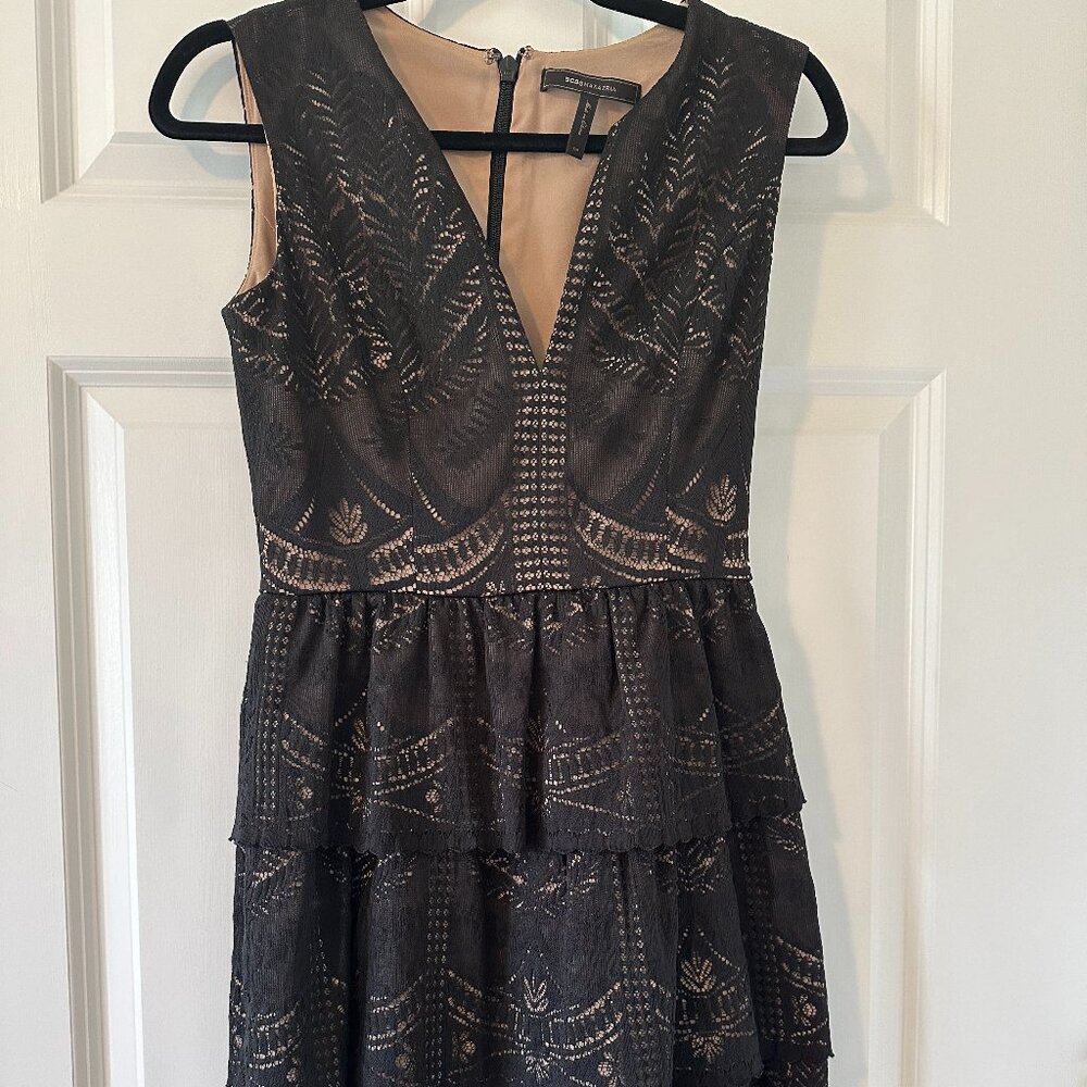 BCBG Max Azria Black and nude lace midi wedding dress size 4